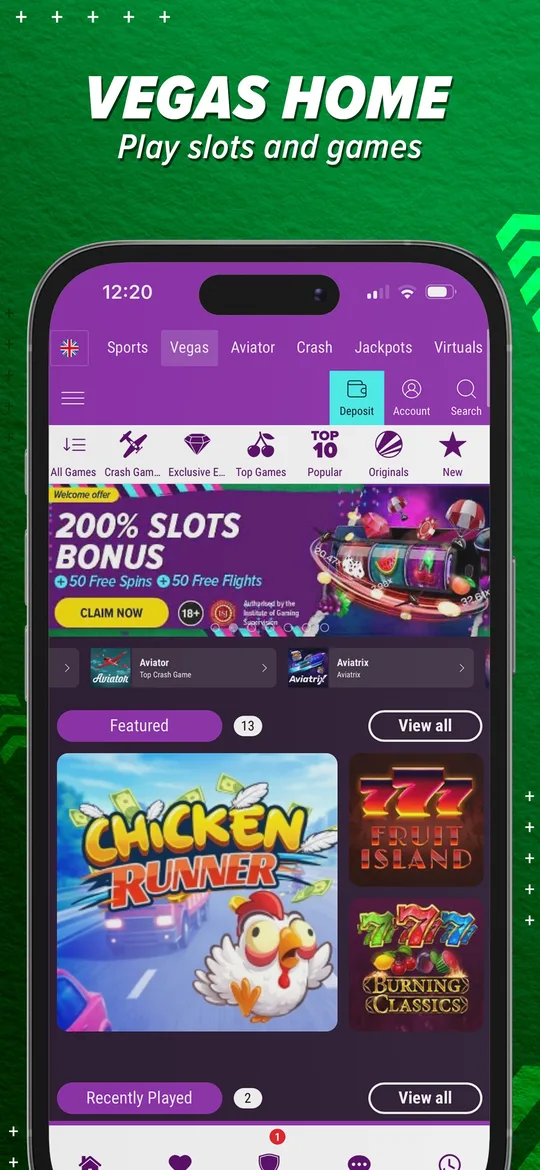 Vegas tab with slots, crash games and the slots welcome banner